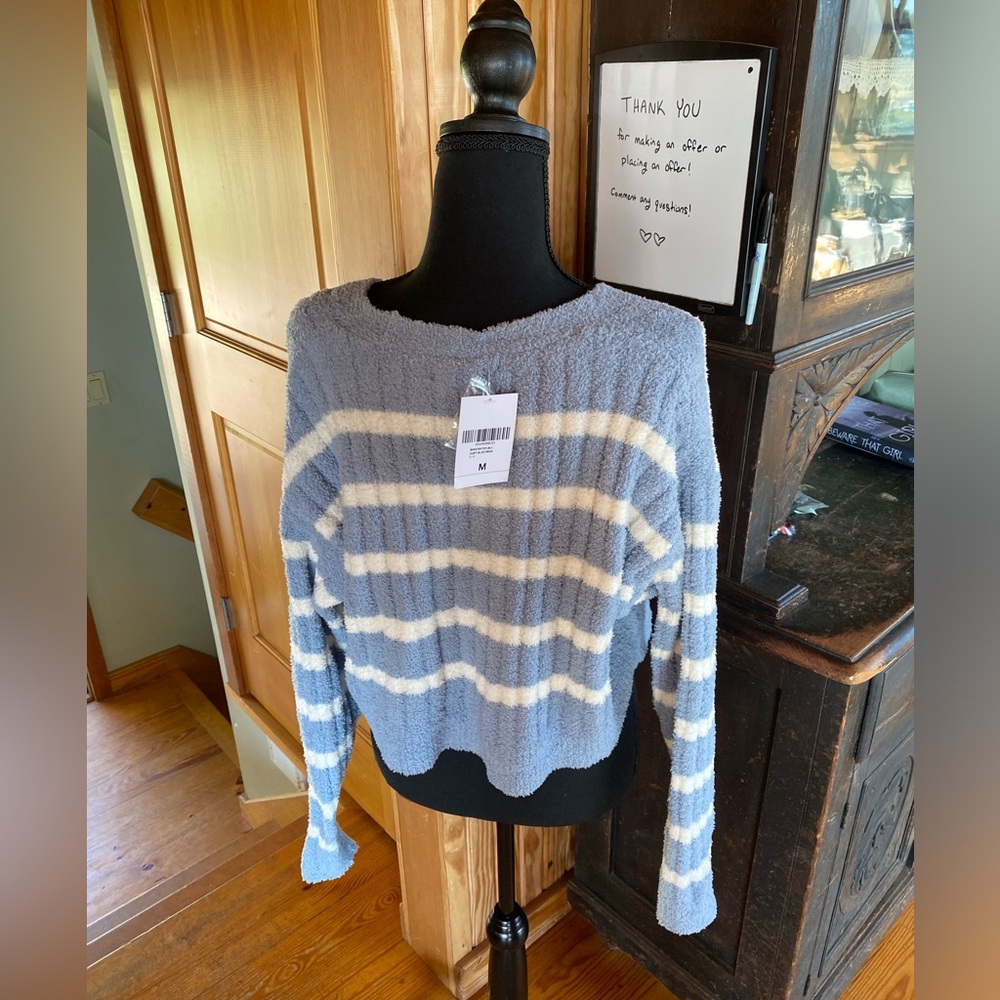 Button Up V-Neck New Dusty Blue / Cream Sweater FOREVER 21